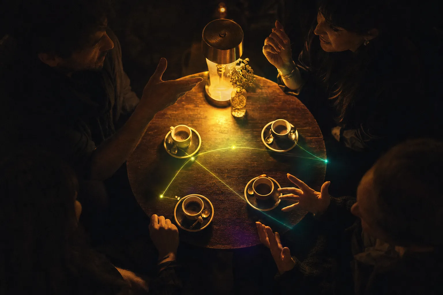 Mesa redonda de un café con luz cálida, tazas de espresso y personas conversando unidas por hilos de luz