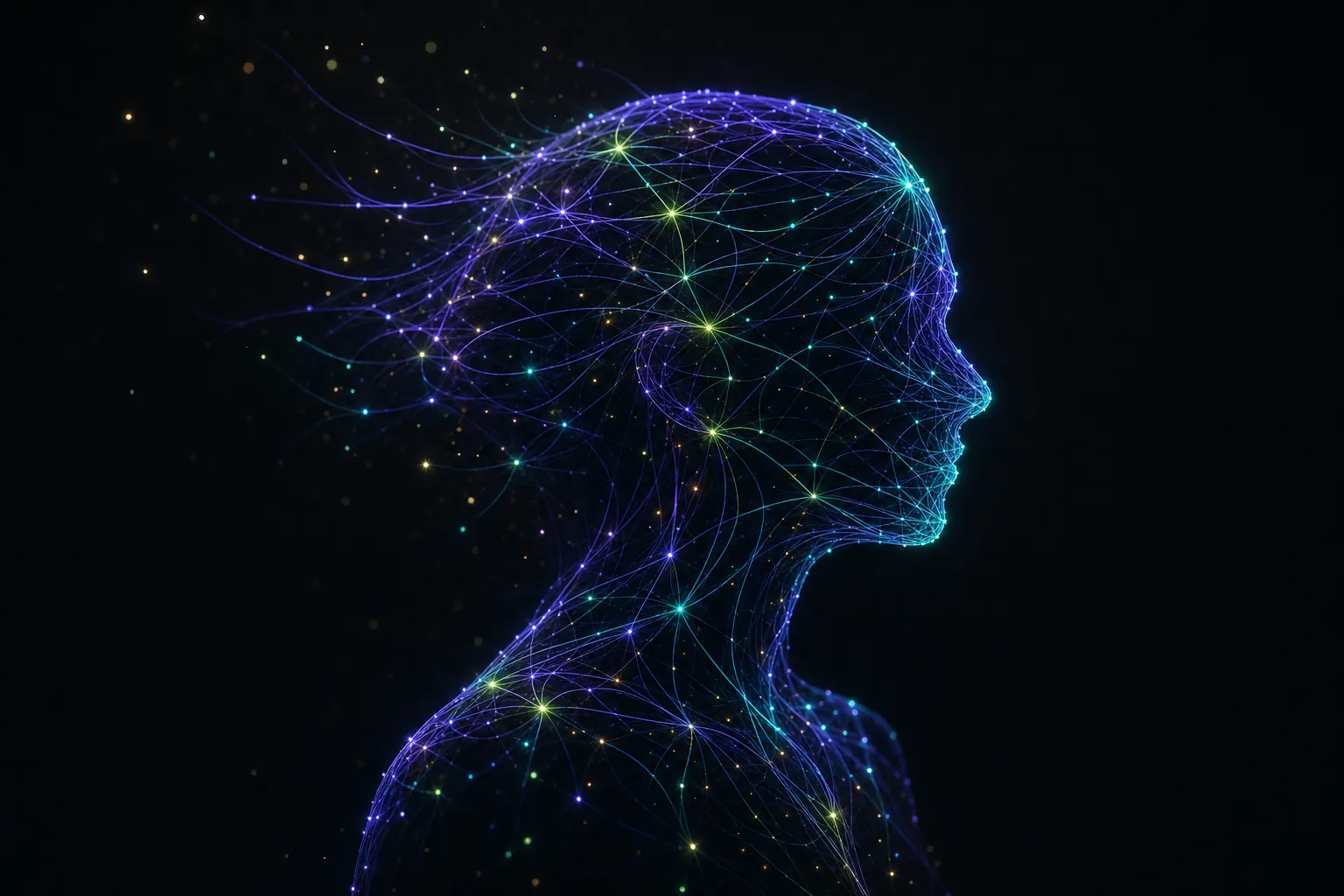 Perfil humano dibujado con hilos de luz violeta y aqua que convergen como una constelación personal